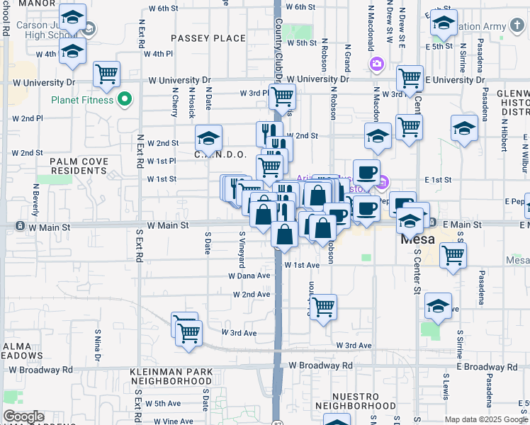 map of restaurants, bars, coffee shops, grocery stores, and more near N Country Club Dr in Mesa
