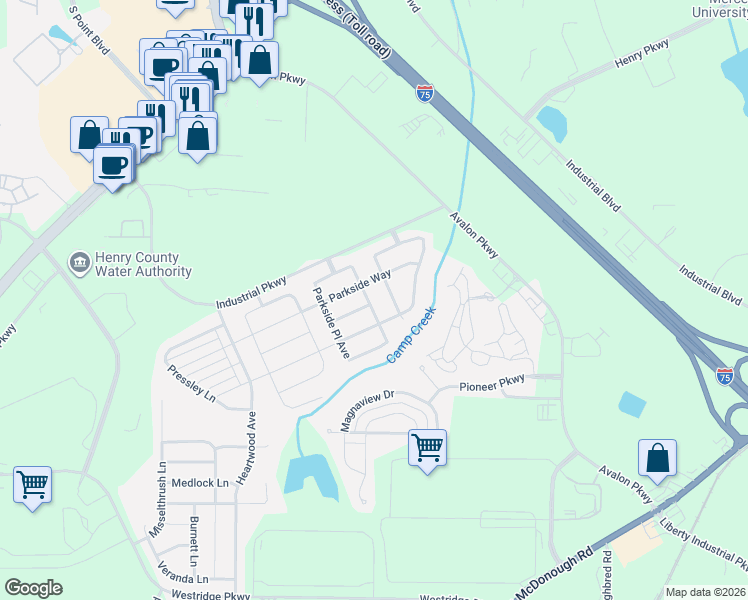 map of restaurants, bars, coffee shops, grocery stores, and more near 849 Parkside Place Avenue in McDonough
