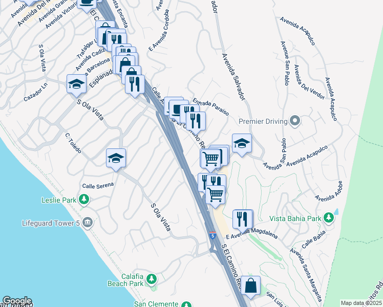 map of restaurants, bars, coffee shops, grocery stores, and more near West Avenida Cornelio in San Clemente