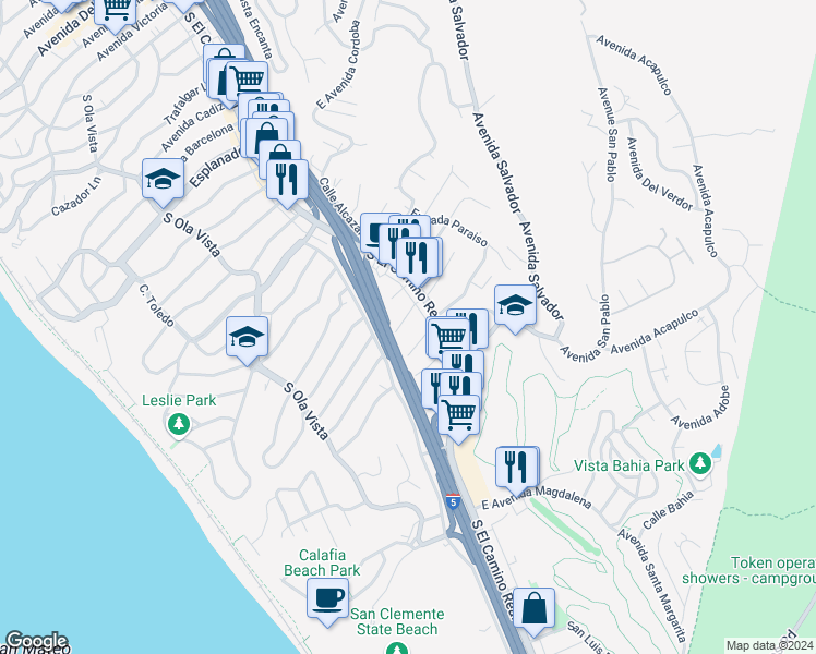 map of restaurants, bars, coffee shops, grocery stores, and more near 14 West Avenida Cornelio in San Clemente