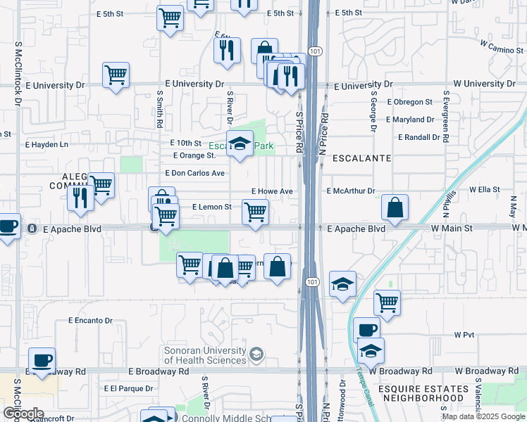 map of restaurants, bars, coffee shops, grocery stores, and more near 2145 East Lemon Street in Tempe