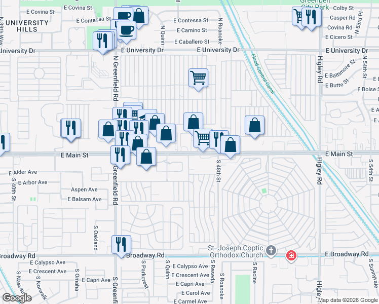 map of restaurants, bars, coffee shops, grocery stores, and more near 25 South Quinn Circle in Mesa