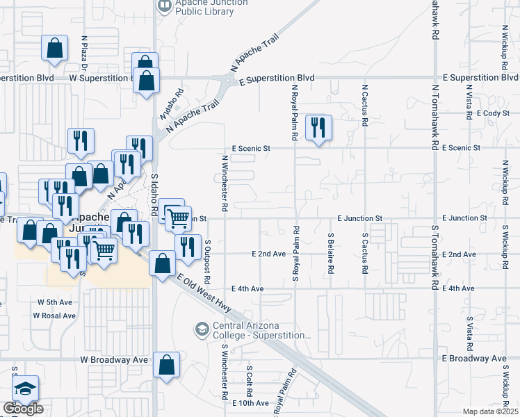 map of restaurants, bars, coffee shops, grocery stores, and more near 30 South Colt Road in Apache Junction