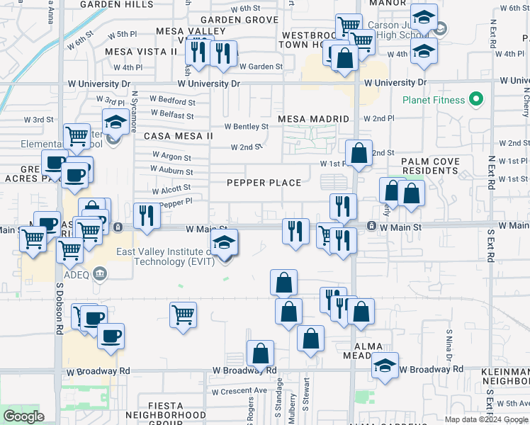 map of restaurants, bars, coffee shops, grocery stores, and more near 20 North Rogers in Mesa