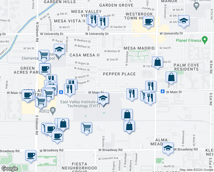 map of restaurants, bars, coffee shops, grocery stores, and more near 25 North Brooks in Mesa