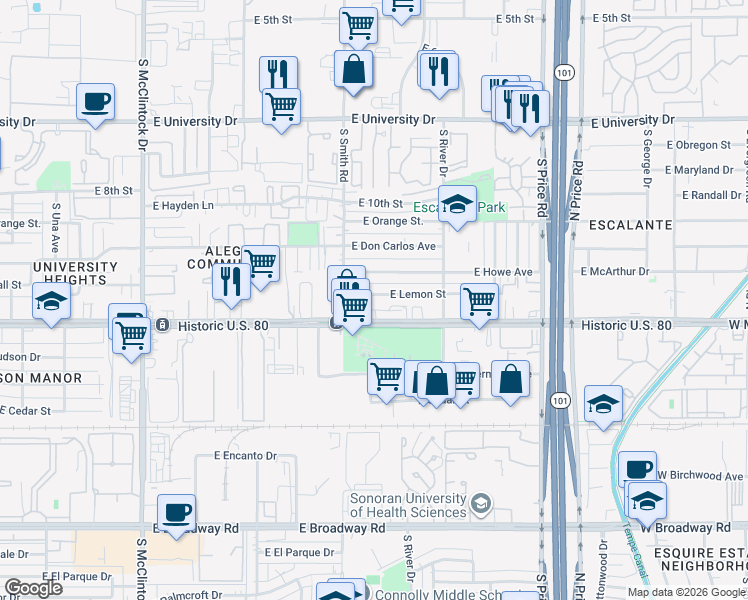 map of restaurants, bars, coffee shops, grocery stores, and more near 2042 East Apache Boulevard in Tempe