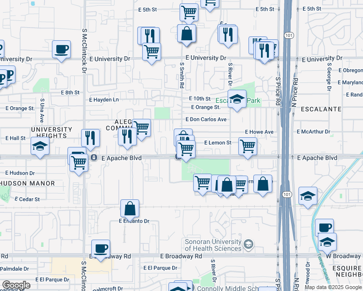 map of restaurants, bars, coffee shops, grocery stores, and more near 2010 East Apache Boulevard in Tempe