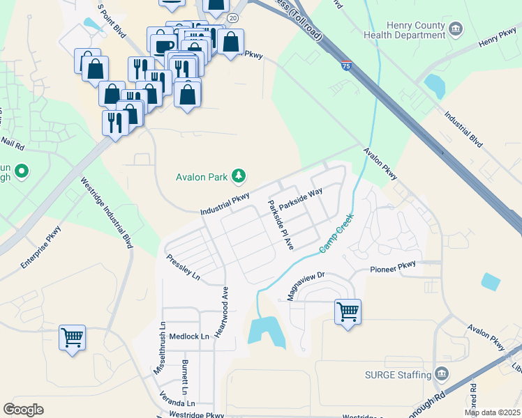 map of restaurants, bars, coffee shops, grocery stores, and more near 208 Paulownia Circle in McDonough