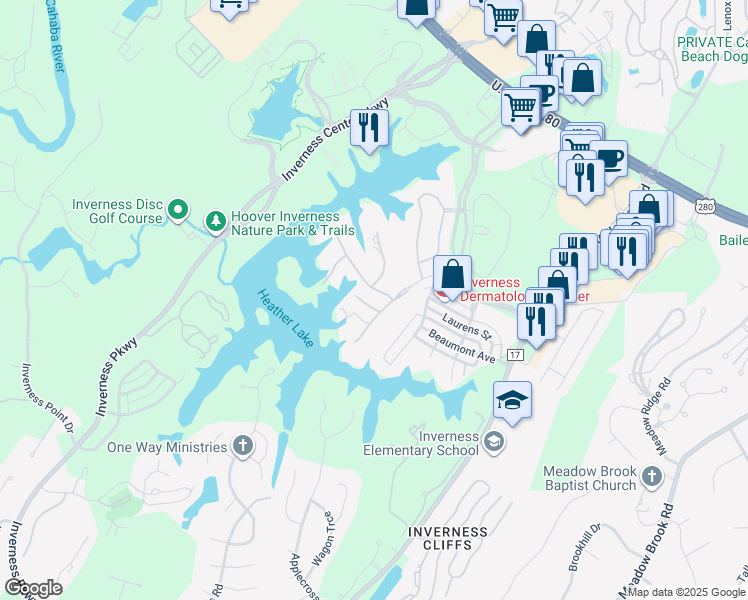 map of restaurants, bars, coffee shops, grocery stores, and more near 2008 Lake Heather Drive in Birmingham