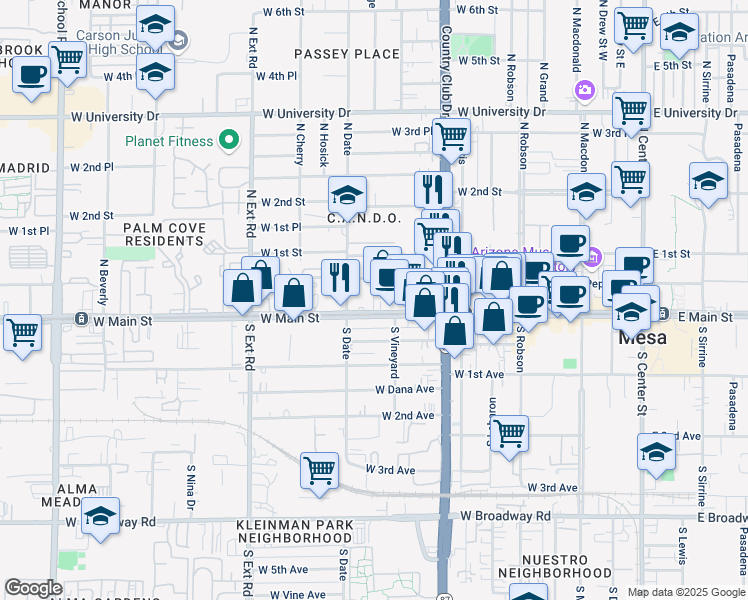 map of restaurants, bars, coffee shops, grocery stores, and more near 524 W Main St in Mesa