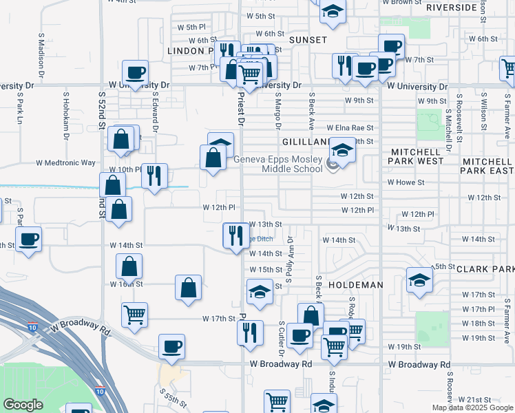 map of restaurants, bars, coffee shops, grocery stores, and more near 1354 West 12th Place in Tempe