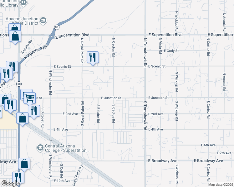 map of restaurants, bars, coffee shops, grocery stores, and more near 1264 East Junction Street in Apache Junction