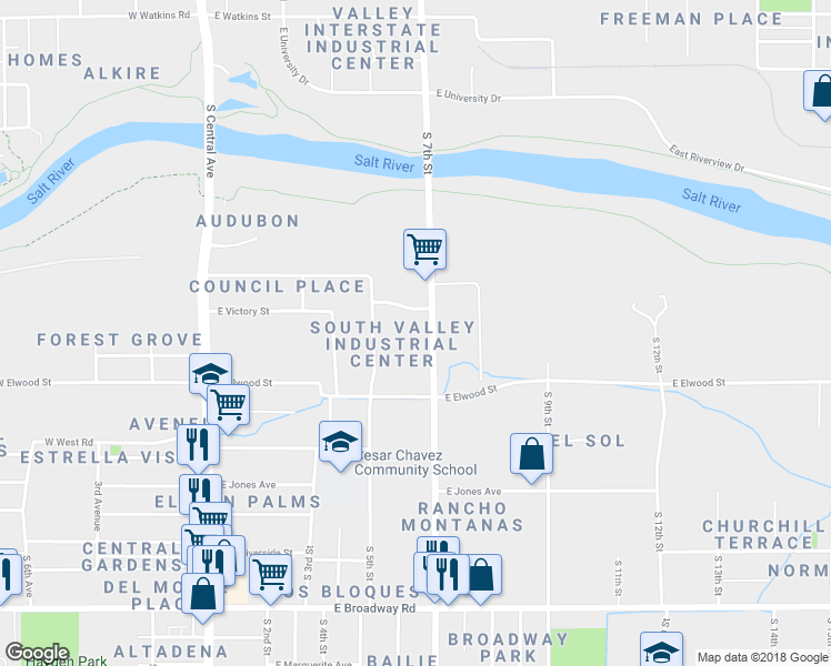 map of restaurants, bars, coffee shops, grocery stores, and more near 3420 South 7th Street in Phoenix