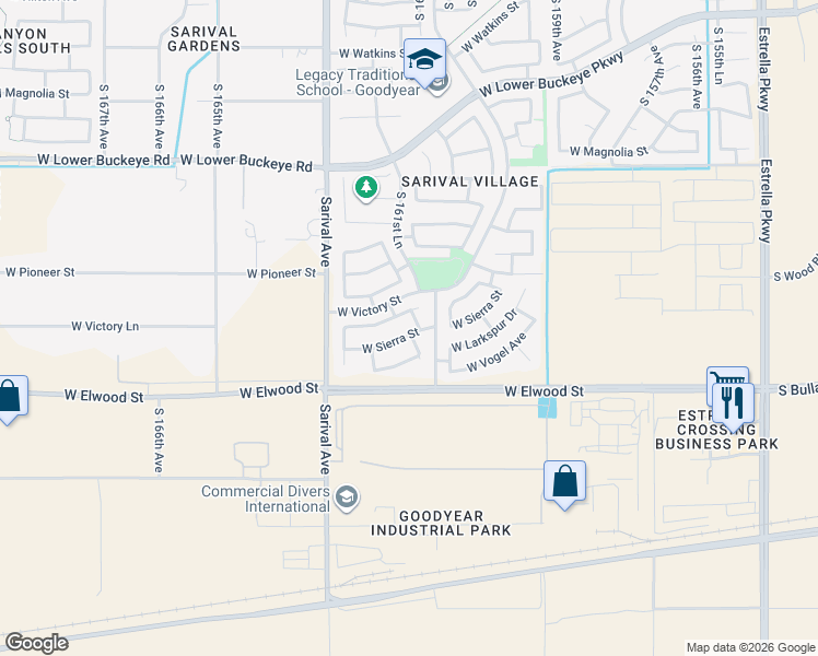 map of restaurants, bars, coffee shops, grocery stores, and more near 3463 South 162nd Avenue in Goodyear