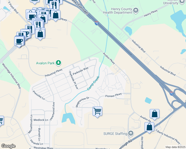 map of restaurants, bars, coffee shops, grocery stores, and more near 200 Parkview Place Drive in McDonough