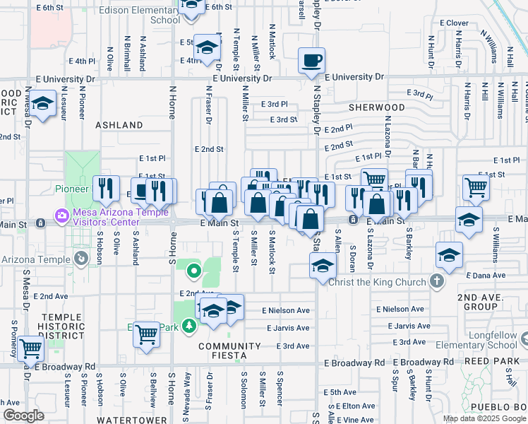map of restaurants, bars, coffee shops, grocery stores, and more near 1038 East Main Street in Mesa
