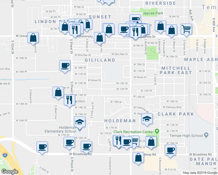 map of restaurants, bars, coffee shops, grocery stores, and more near 1128 West 12th Place in Tempe