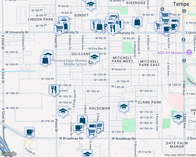 map of restaurants, bars, coffee shops, grocery stores, and more near 1048 West 12th Place in Tempe