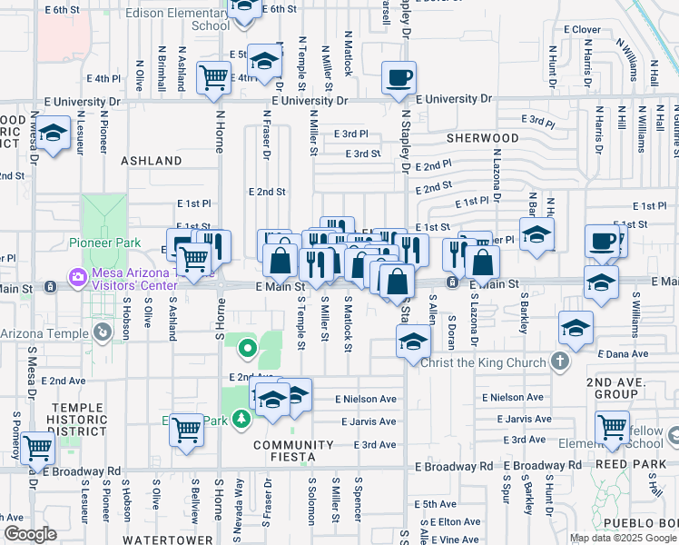 map of restaurants, bars, coffee shops, grocery stores, and more near 1038 East Main Street in Mesa