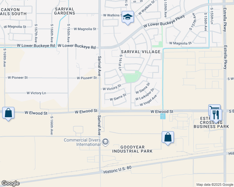 map of restaurants, bars, coffee shops, grocery stores, and more near 16239 West Lupine Avenue in Goodyear