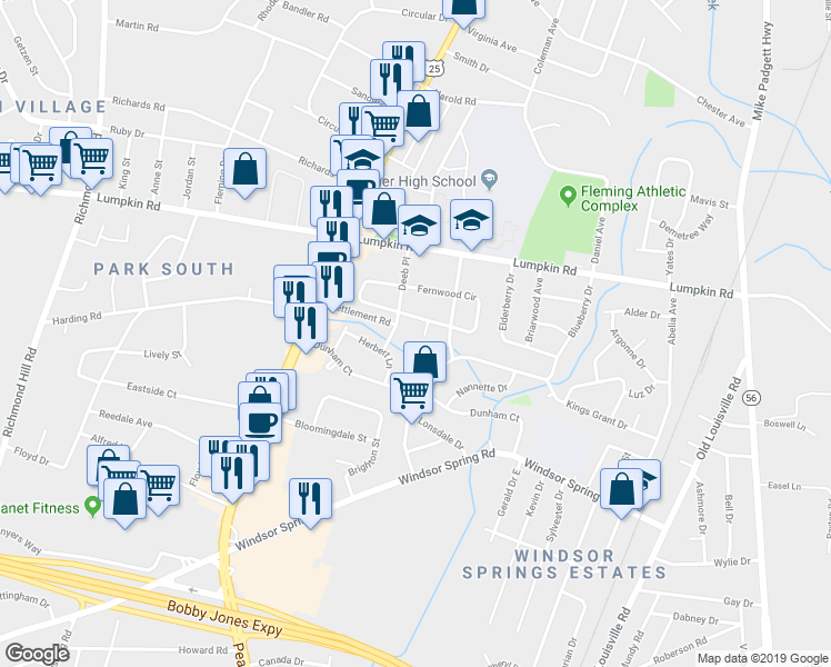 map of restaurants, bars, coffee shops, grocery stores, and more near 2039 Fernwood Court in Augusta