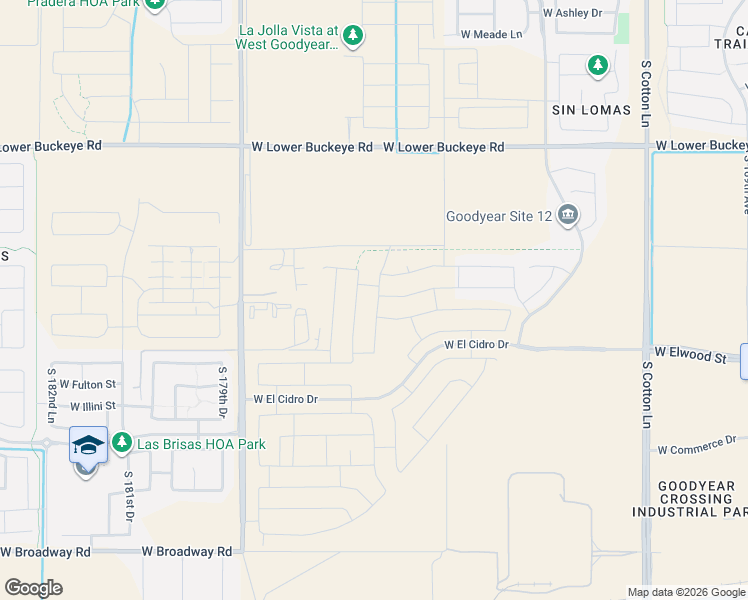 map of restaurants, bars, coffee shops, grocery stores, and more near 17569 West Pioneer Street in Goodyear