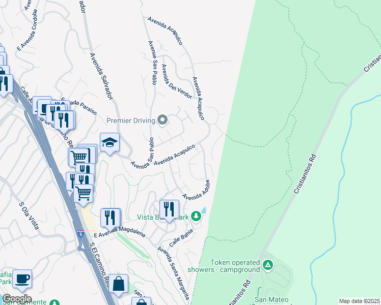 map of restaurants, bars, coffee shops, grocery stores, and more near 136 Avenida Baja in San Clemente