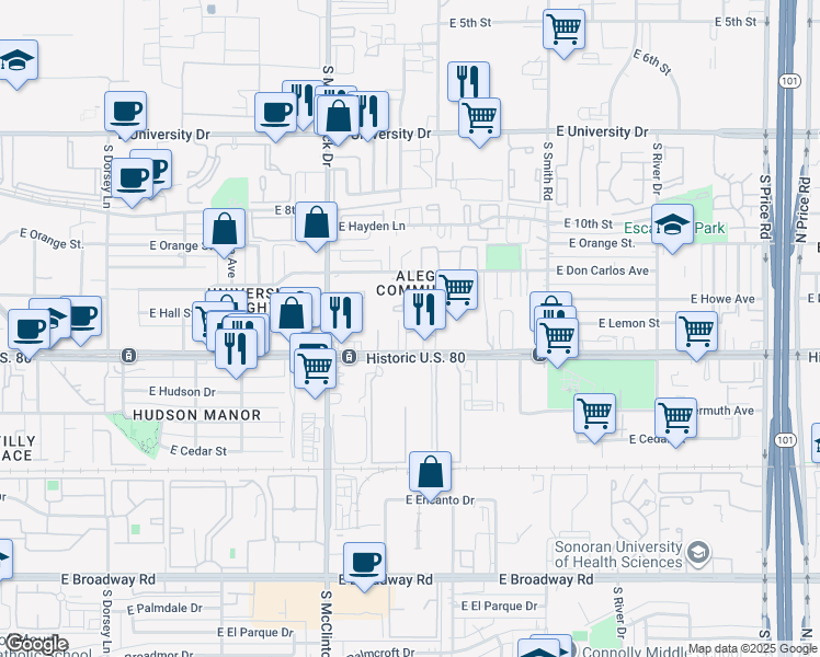 map of restaurants, bars, coffee shops, grocery stores, and more near 1856 East Apache Boulevard in Tempe