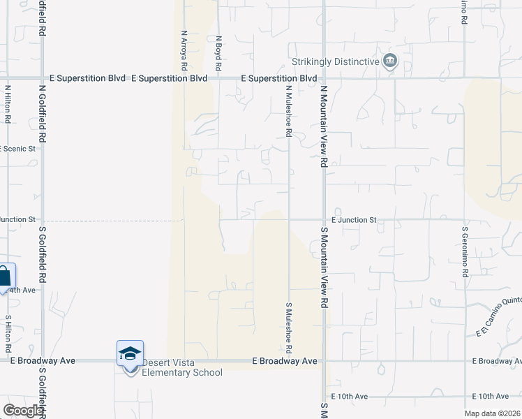 map of restaurants, bars, coffee shops, grocery stores, and more near 57 North Roadrunner Road in Apache Junction