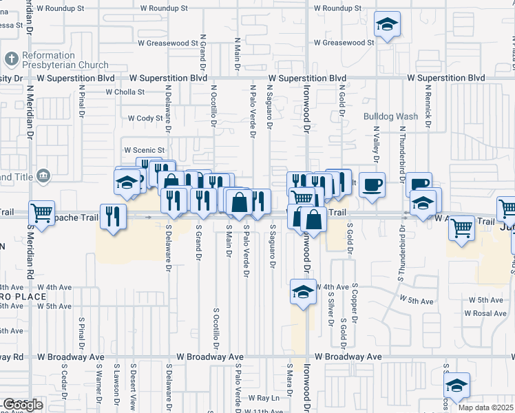 map of restaurants, bars, coffee shops, grocery stores, and more near 1880 Apache Trail in Apache Junction