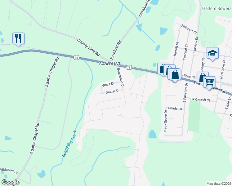 map of restaurants, bars, coffee shops, grocery stores, and more near 111 Dozier Drive in Harlem