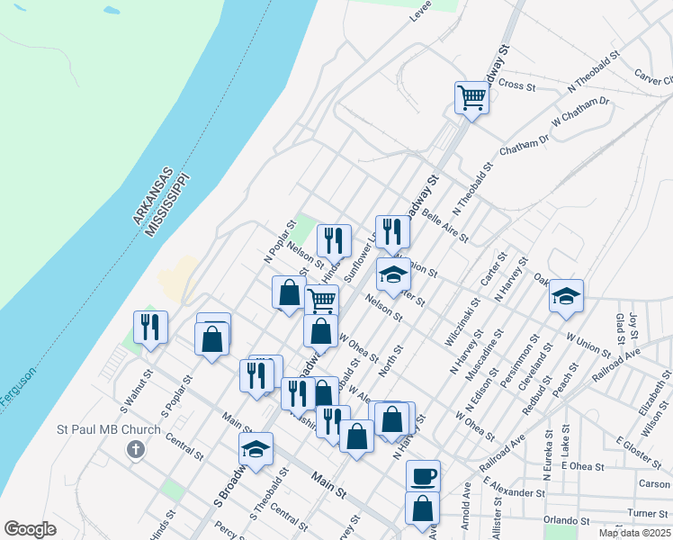 map of restaurants, bars, coffee shops, grocery stores, and more near 502 Nelson Street in Greenville