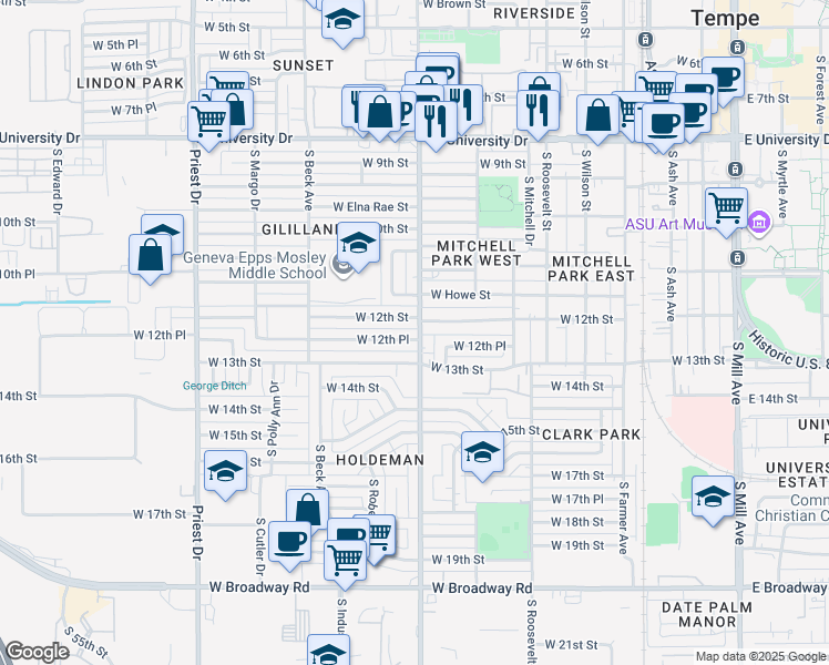 map of restaurants, bars, coffee shops, grocery stores, and more near 1006 West 12th Place in Tempe