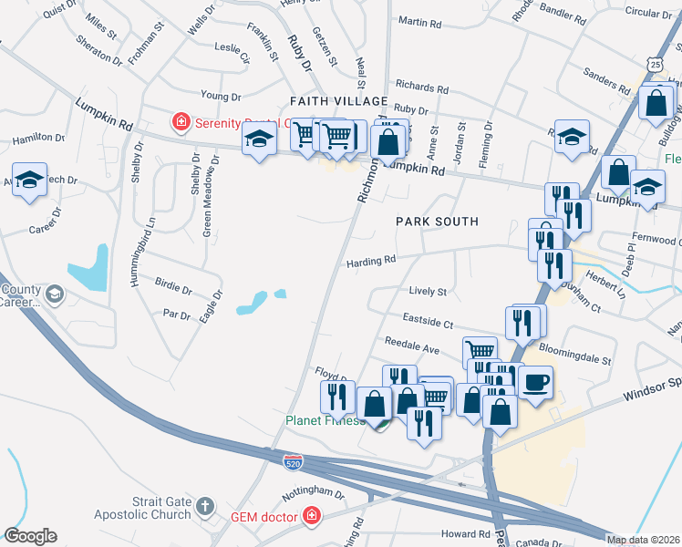 map of restaurants, bars, coffee shops, grocery stores, and more near 2328 Harding Court in Augusta