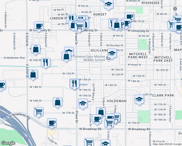 map of restaurants, bars, coffee shops, grocery stores, and more near 1254 West 12th Place in Tempe