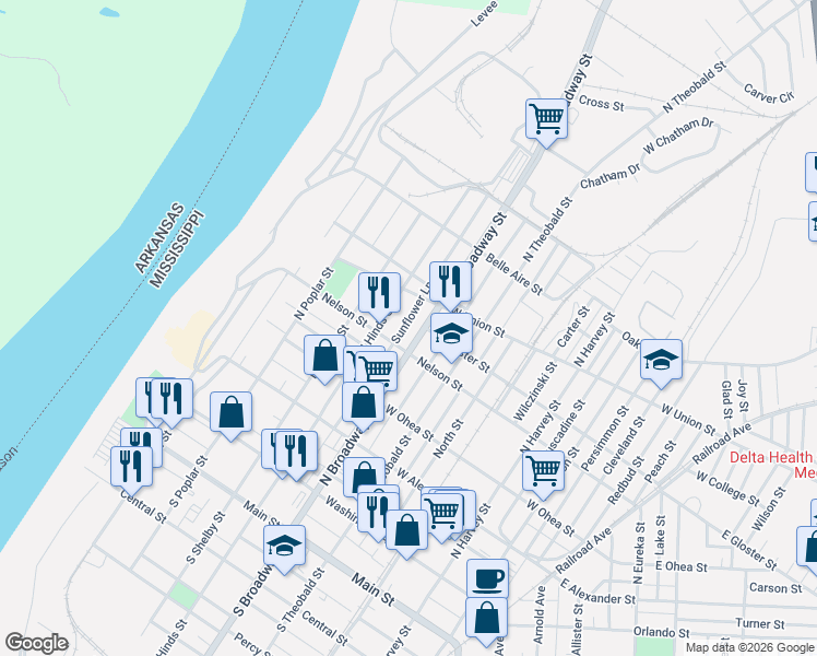 map of restaurants, bars, coffee shops, grocery stores, and more near 421 North Broadway Street in Greenville