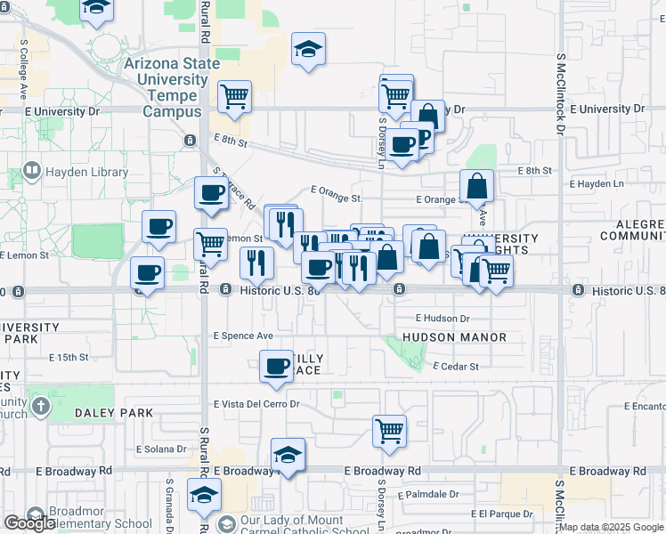 map of restaurants, bars, coffee shops, grocery stores, and more near 1216 East Apache Boulevard in Tempe