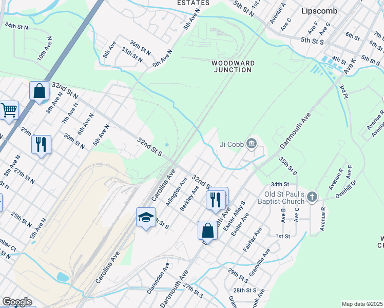 map of restaurants, bars, coffee shops, grocery stores, and more near 3226 Arlington Avenue in Bessemer