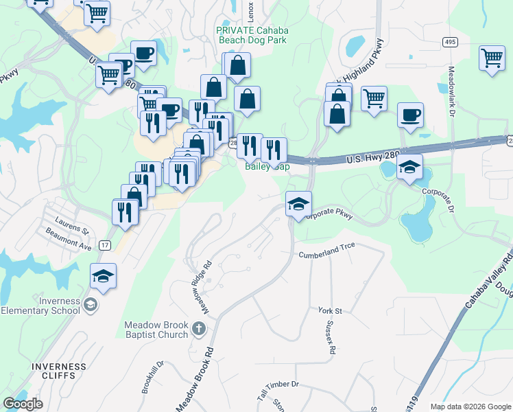 map of restaurants, bars, coffee shops, grocery stores, and more near 700 Corporate Ridge Road in Birmingham
