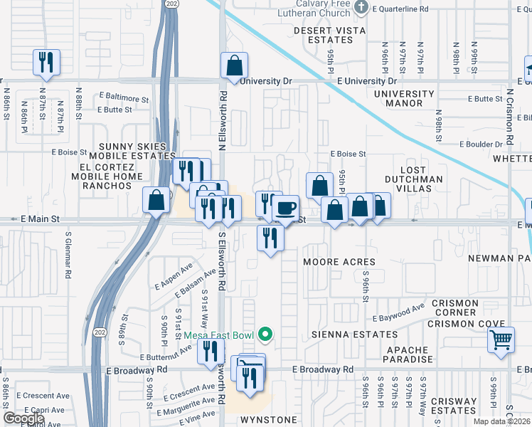 map of restaurants, bars, coffee shops, grocery stores, and more near 9316 North Silver Spur Ranch I in Mesa