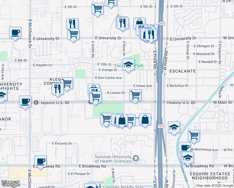 map of restaurants, bars, coffee shops, grocery stores, and more near 2087 East Lemon Street in Tempe
