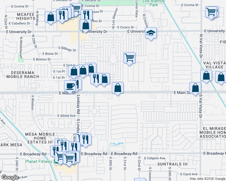map of restaurants, bars, coffee shops, grocery stores, and more near 3020 East Main Street in Mesa