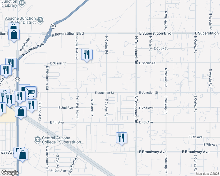 map of restaurants, bars, coffee shops, grocery stores, and more near 1264 East Junction Street in Apache Junction