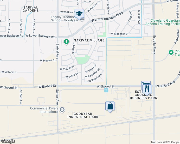 map of restaurants, bars, coffee shops, grocery stores, and more near 16075 West Sierra Street in Goodyear