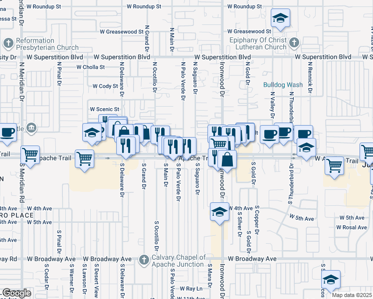map of restaurants, bars, coffee shops, grocery stores, and more near 1880 Apache Trail in Apache Junction