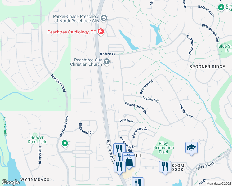 map of restaurants, bars, coffee shops, grocery stores, and more near 217 Christina Court in Peachtree City