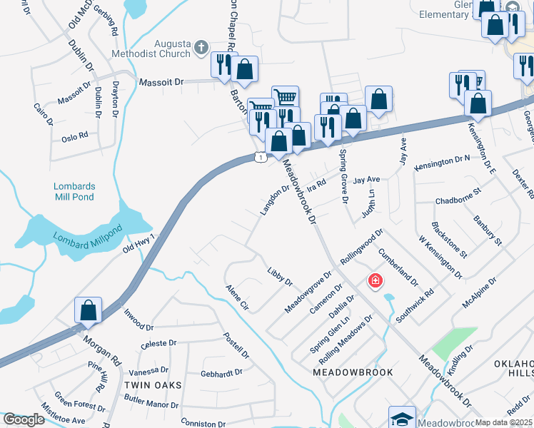 map of restaurants, bars, coffee shops, grocery stores, and more near 3620 Langdon Drive in Augusta