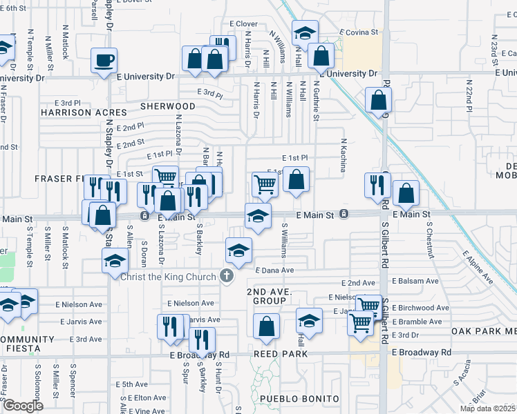 map of restaurants, bars, coffee shops, grocery stores, and more near 1616 East Main Street in Mesa