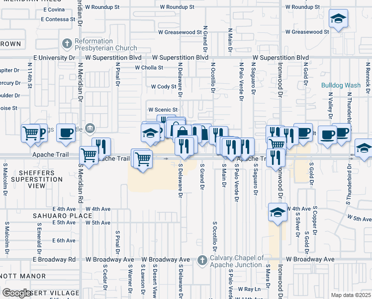 map of restaurants, bars, coffee shops, grocery stores, and more near 2384 Apache Trail in Apache Junction