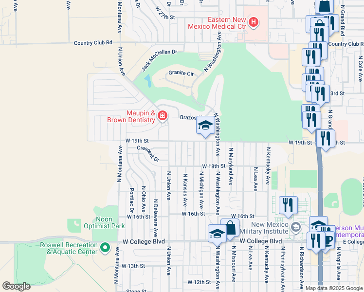 map of restaurants, bars, coffee shops, grocery stores, and more near 1801-1899 North Kansas Avenue in Roswell